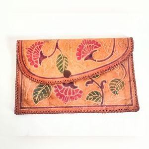 Leather Floral Colorful Design Clutch Handbag 8" x 5" Wallet‎ and Coin Purse EUC